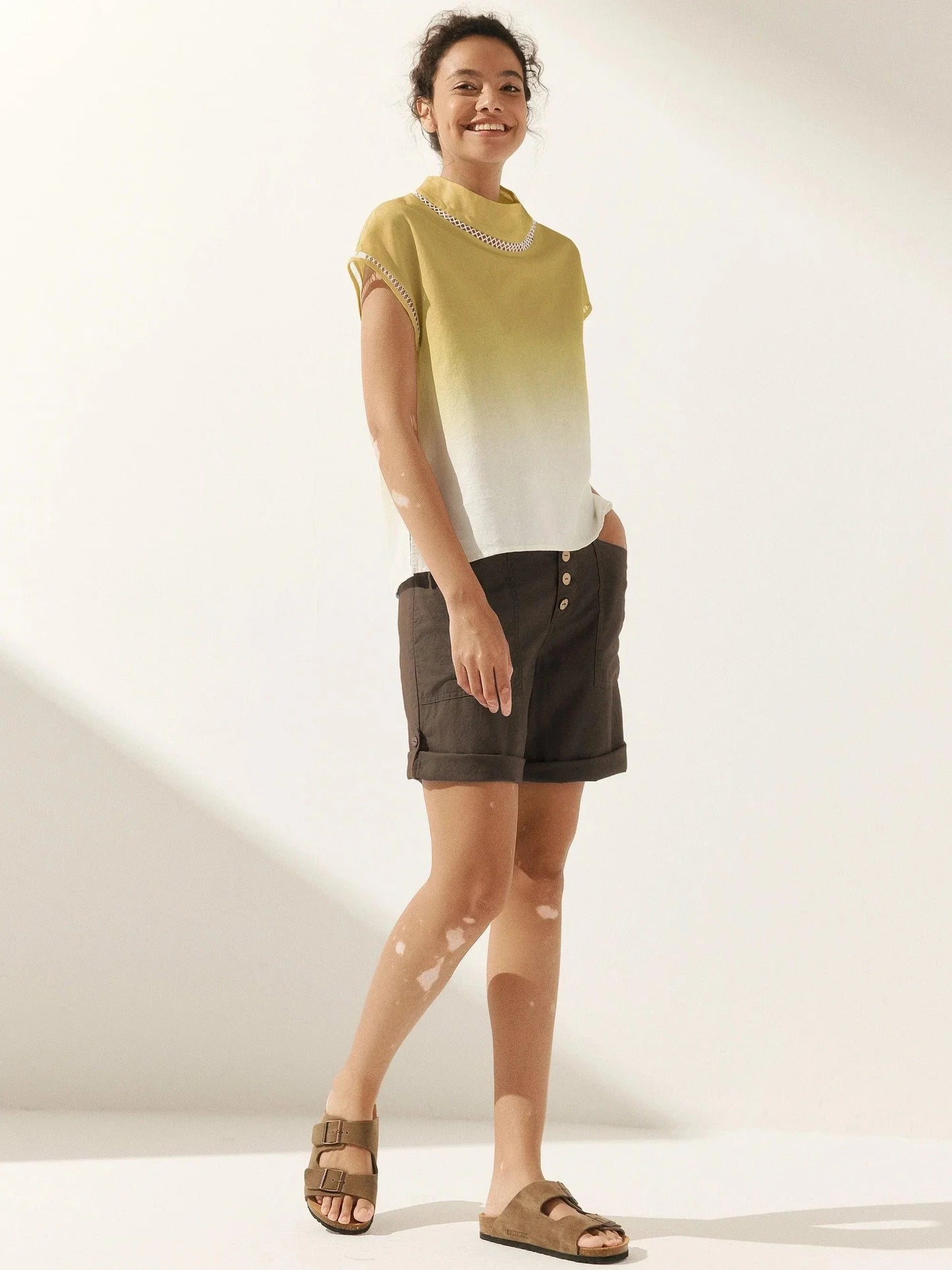 Linen-Cotton Gingham Cutout Turtleneck Top CAROL