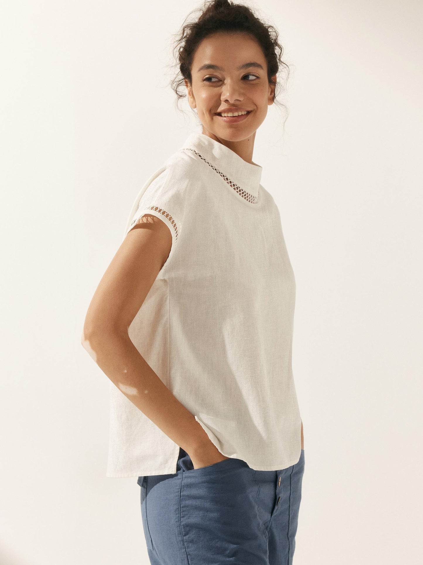 Linen-Cotton Gingham Cutout Turtleneck Top CAROL