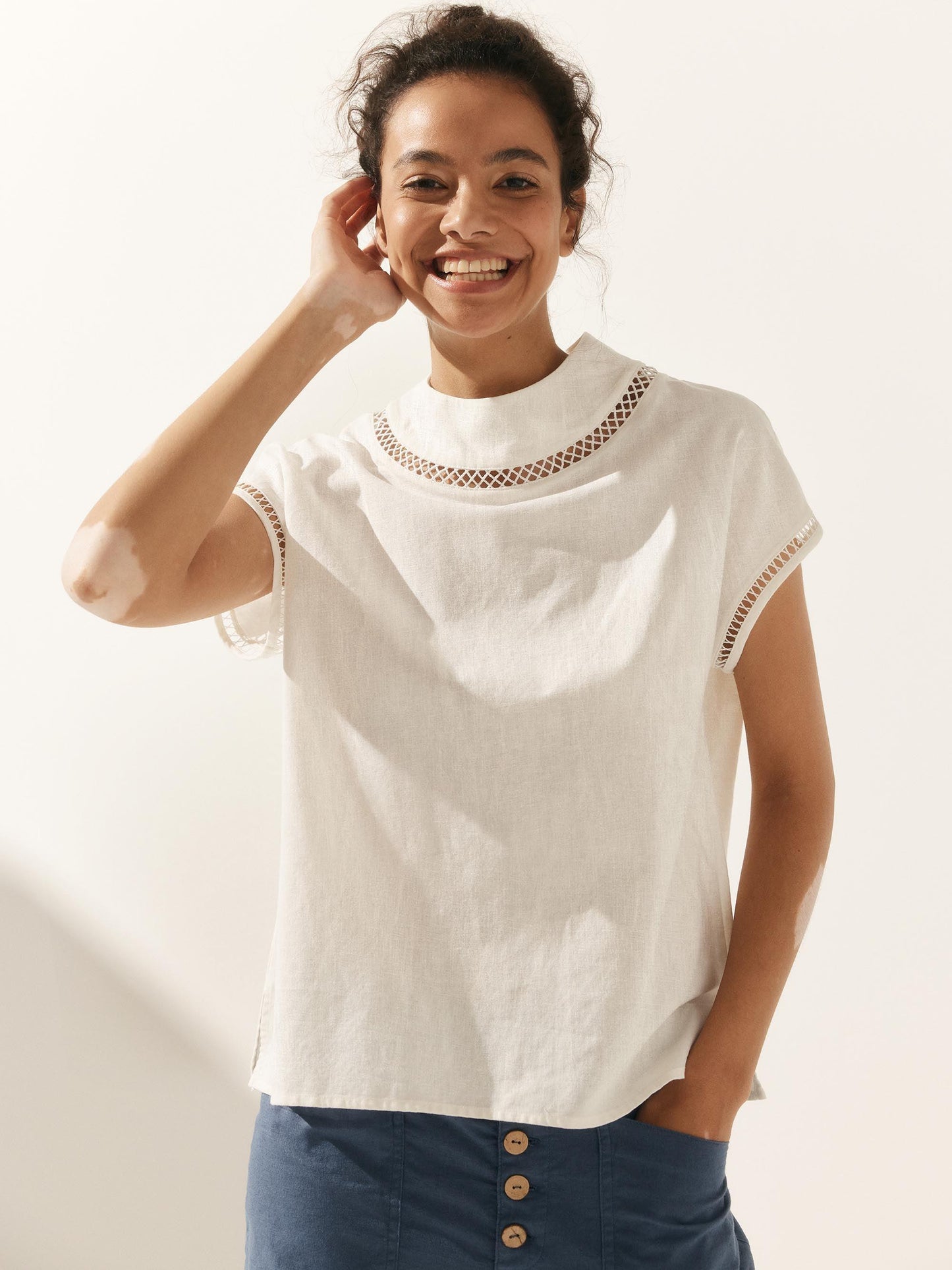 Linen-Cotton Gingham Cutout Turtleneck Top CAROL