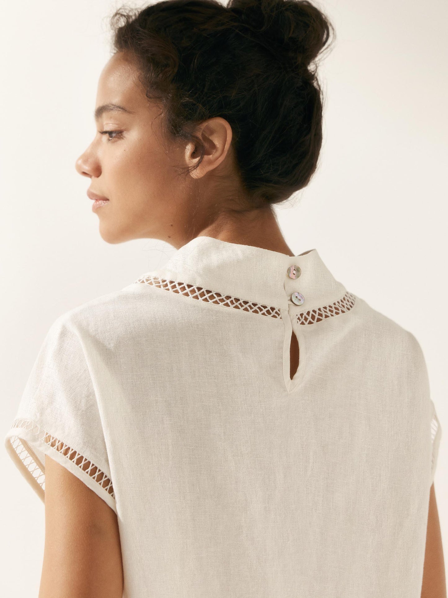 Linen-Cotton Gingham Cutout Turtleneck Top CAROL