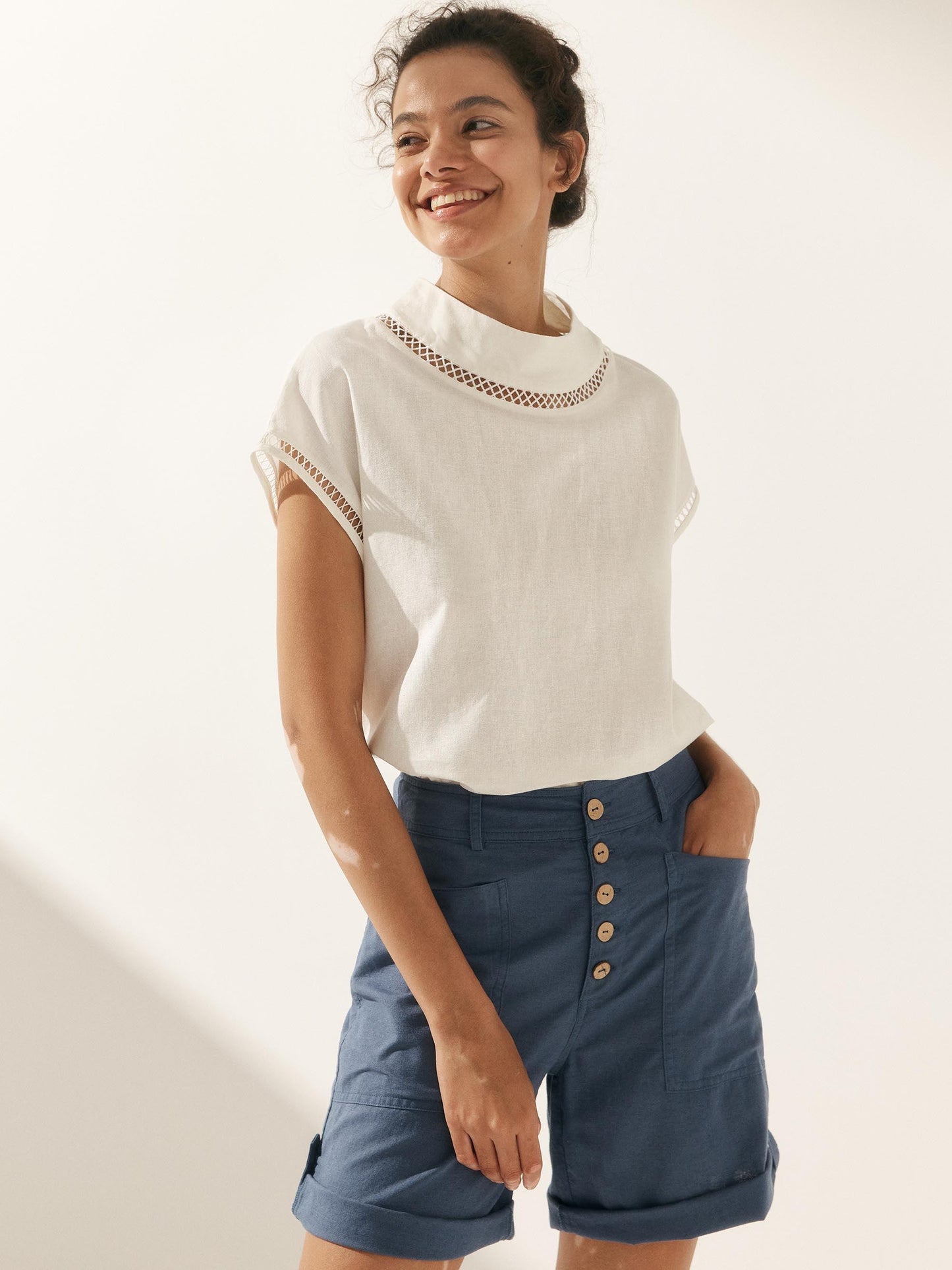 Linen-Cotton Gingham Cutout Turtleneck Top CAROL