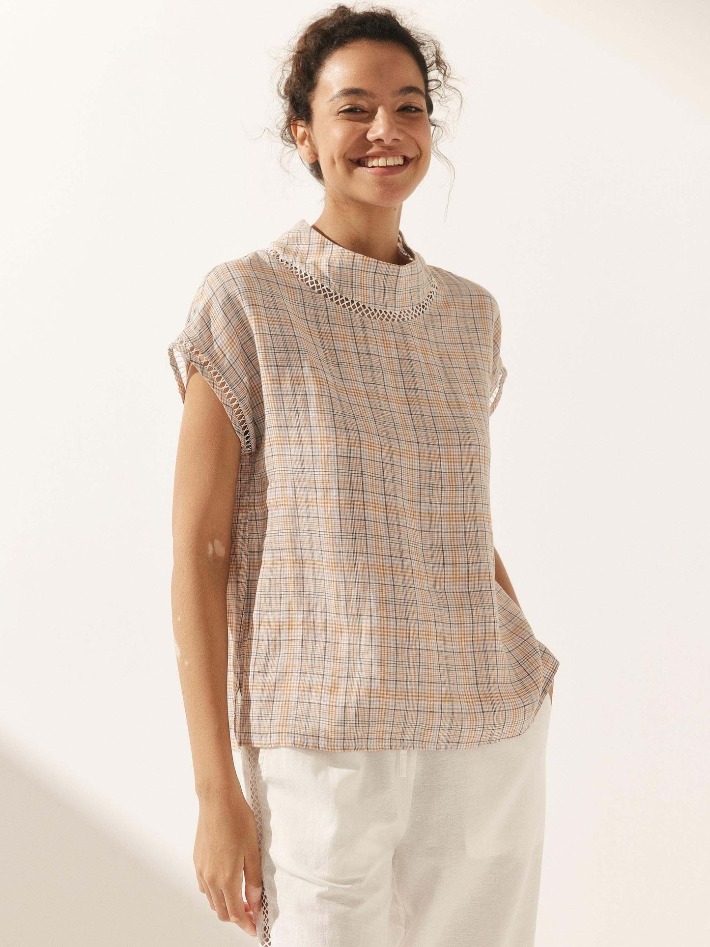 Linen-Cotton Gingham Cutout Turtleneck Top CAROL