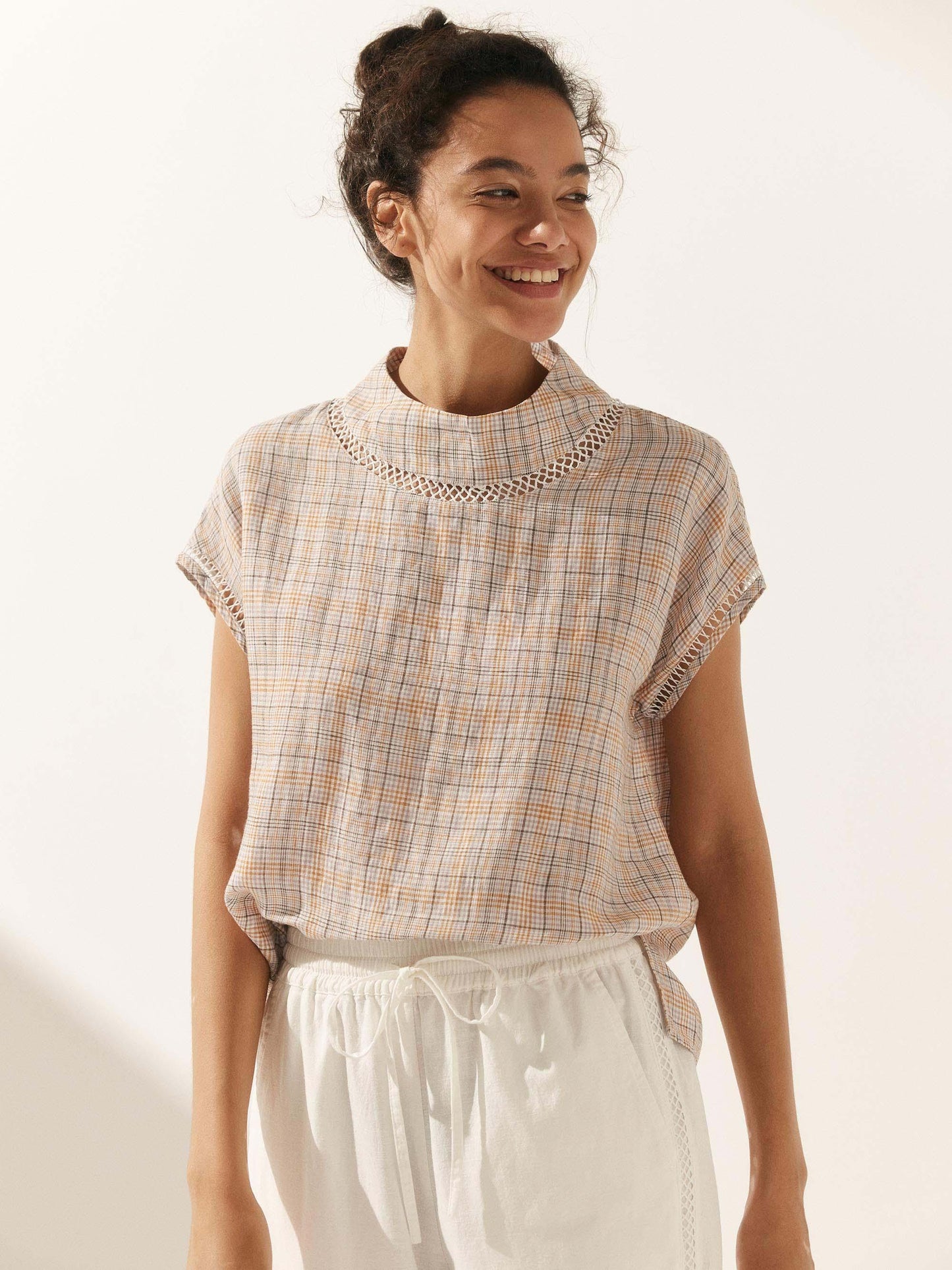 Linen-Cotton Gingham Cutout Turtleneck Top CAROL