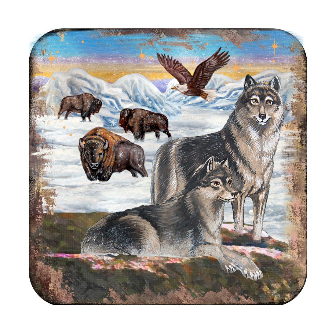 Winter Wolves Wooden Cork Coasters Gift Set of 4 by Nature Wonders - Nature Wildlife Decor  - 95222C-S4