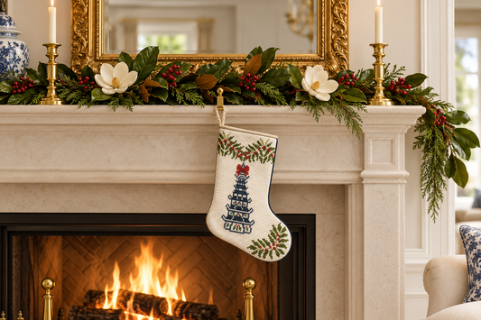 a fireplace with a decorated stocking on it