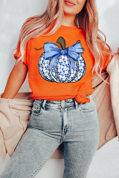 Orange Floral Pumpkin Bow Heat Transfer Printing Thanksgiving T Shirt