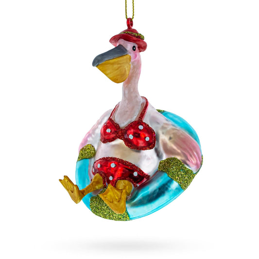 Pelican on Inflatable Ring Glass Christmas Ornament