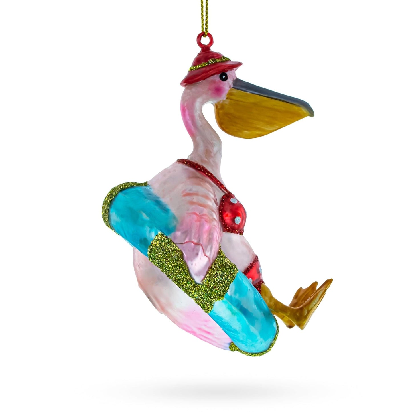 Pelican in Red Swimsuit with Hat on Pool Float Glass Christmas Ornament
