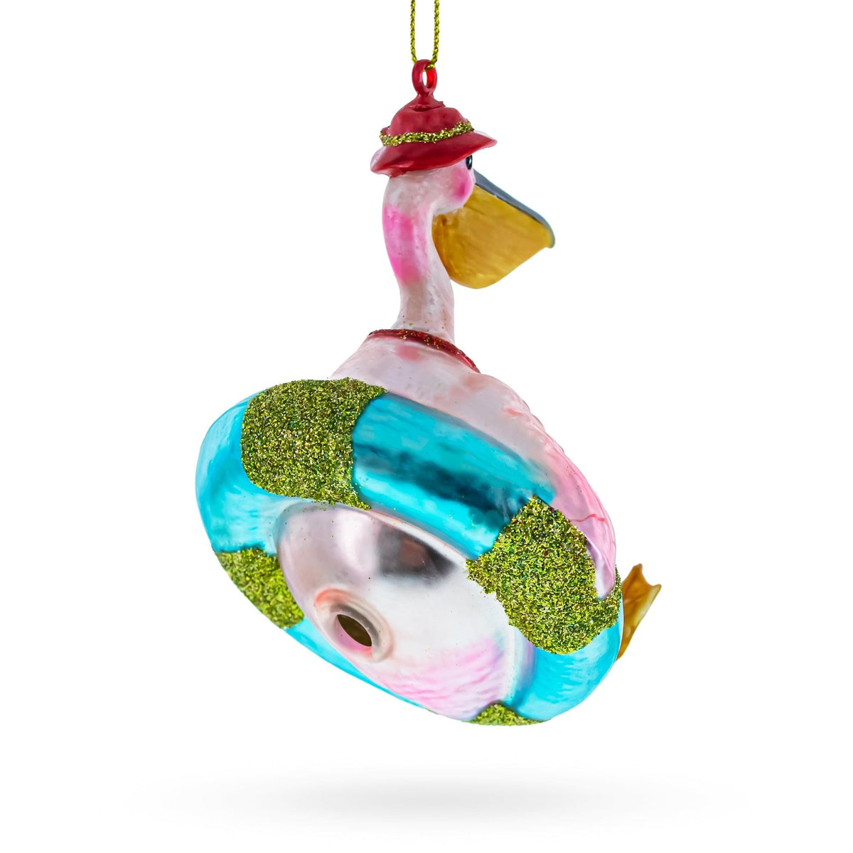 Pelican in Red Swimsuit with Hat on Pool Float Glass Christmas Ornament