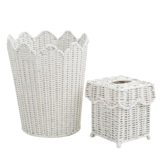 a white basket and a square box