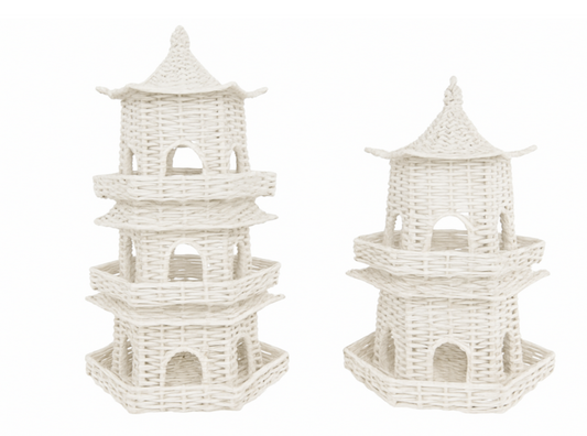 a white wicker baskets with a pagoda roof