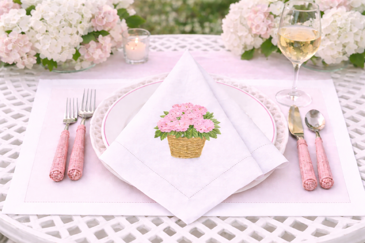 SET OF 4 Pink Hydrangea EMBROIDERED DINNER NAPKINS