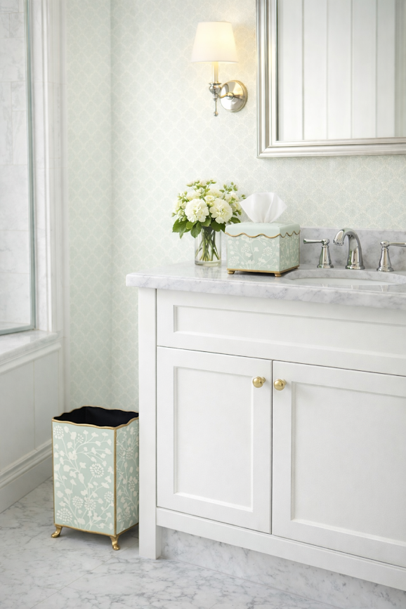 Pale Green Spring Floral Wastepaper Basket & Tissue (2 Options)