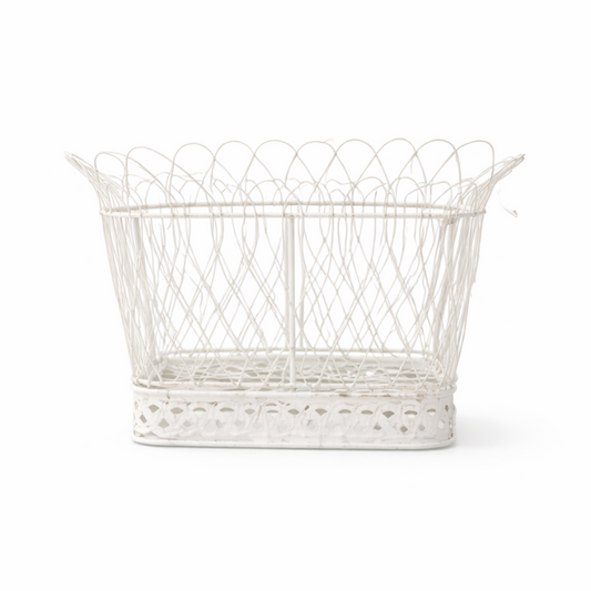a white wire basket on a white background