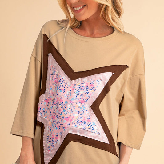 Camel Floral Star Patched 3/4 Sleeve T Shirt