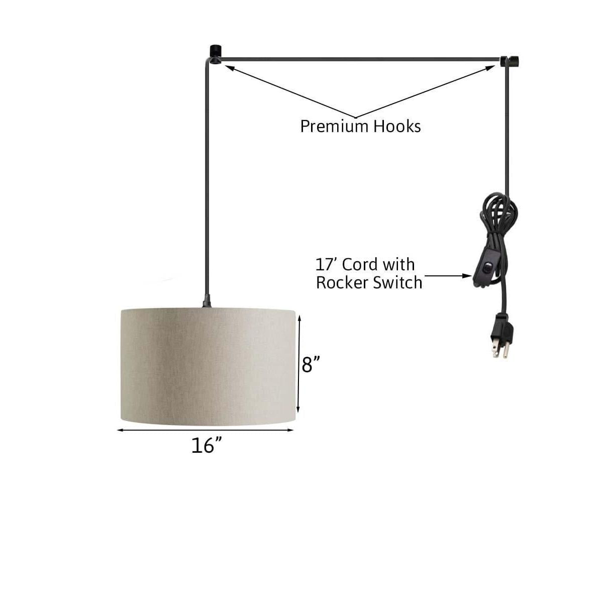 1 Light Swag Plug-In Pendant 16"w Light Oatmeal Linen Drum Shade, 17' Black Cord