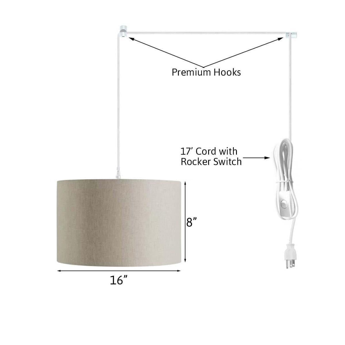 1 Light Swag Plug-In Pendant 16"w Light Oatmeal Linen Drum Shade, 17' White Cord