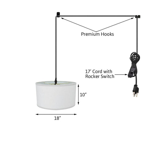 1 Light Swag Plug-In Pendant 18"w White Linen Shade, 17' Black Cord