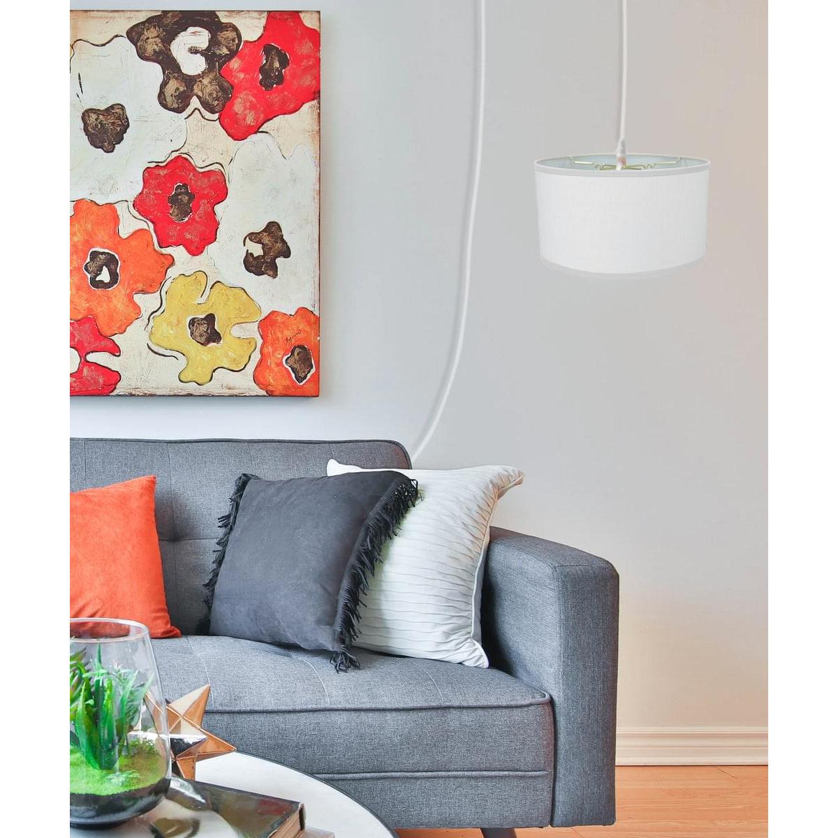 1 Light Swag Plug-In Pendant 18"w White Linen Shade, 17' White Cord