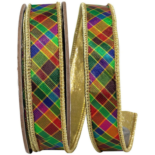 1" Plaid Metallic Jewel Tone Ribbon: Multi (5 Yards)