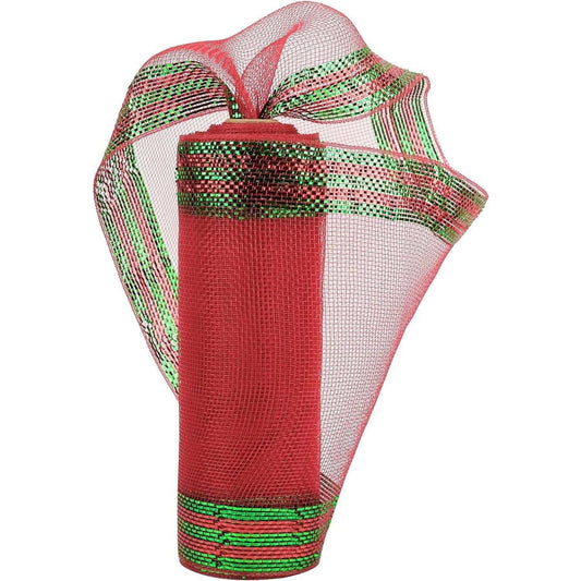 10" Border Stripe Metallic Mesh Ribbon: Red/Lime Green (10 Yards)