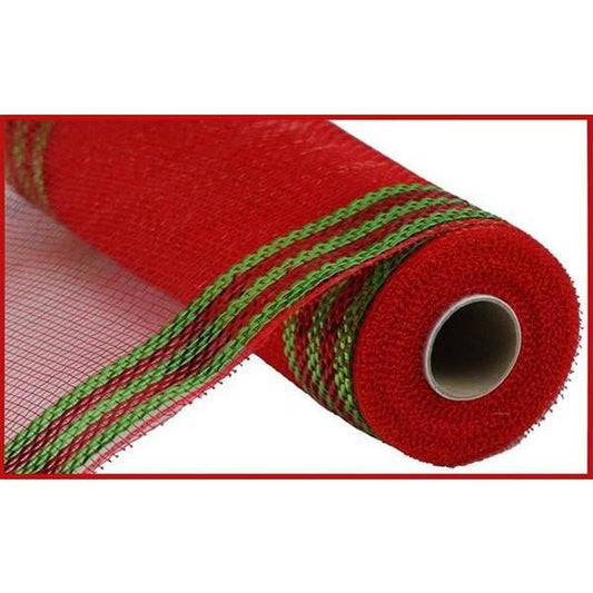 10" Border Stripe Metallic Mesh Ribbon: Red/Lime Green (10 Yards)
