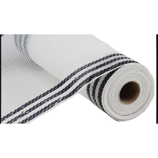 10" Border Stripe Metallic Mesh Ribbon: White/Black (10 Yards)