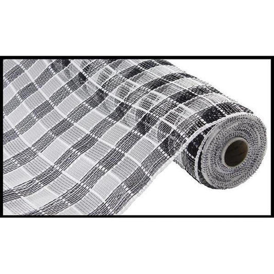 10" Metallic Check Mesh Ribbon: Black & White Plaid (10 Yards)