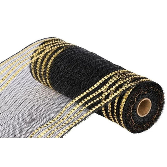 10" Metallic Foil Border Mesh Ribbon: Black/Gold (10 Yards)