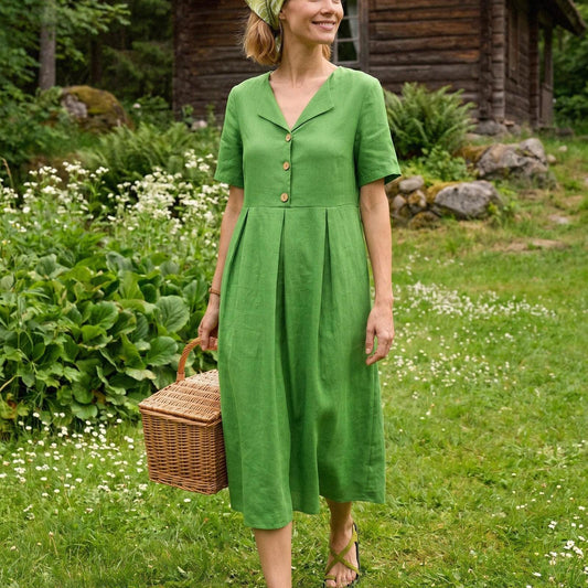 100% Linen Split Neck Button Detail Midi Dress SERAPHINE