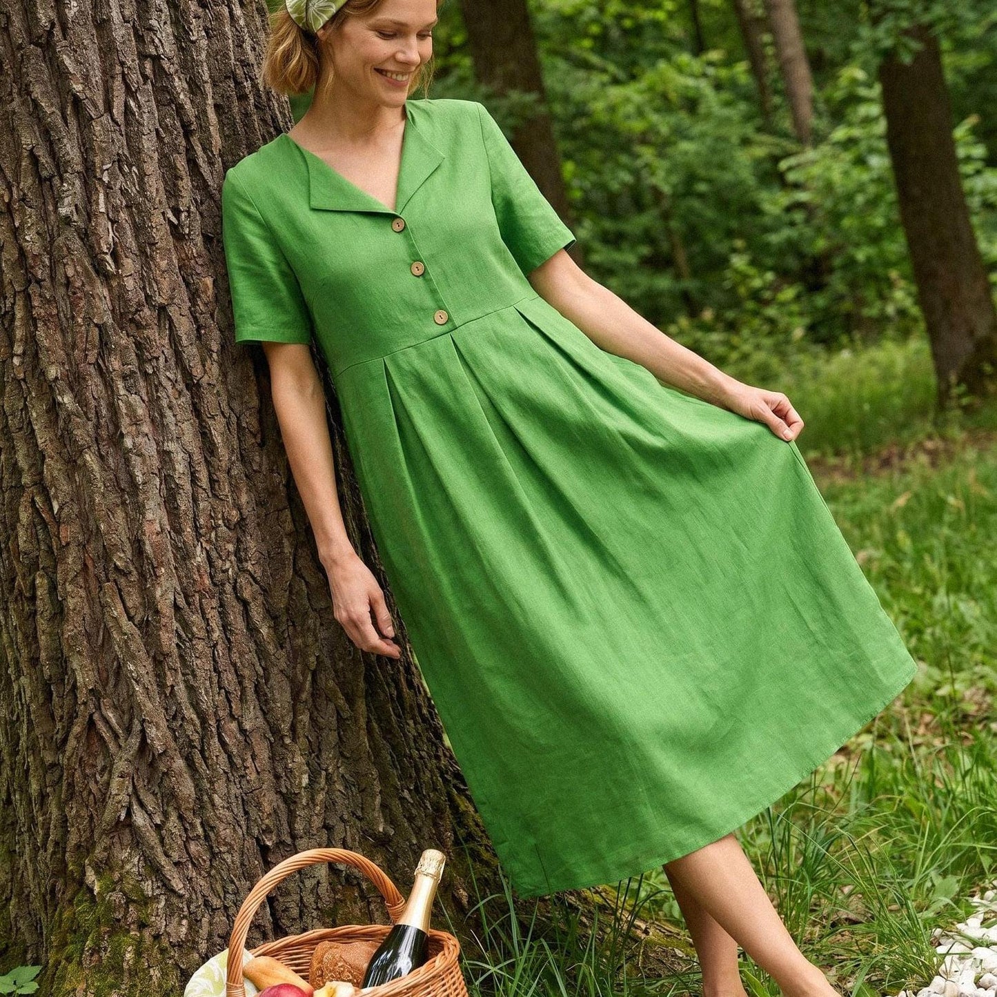 100% Linen Split Neck Button Detail Midi Dress SERAPHINE