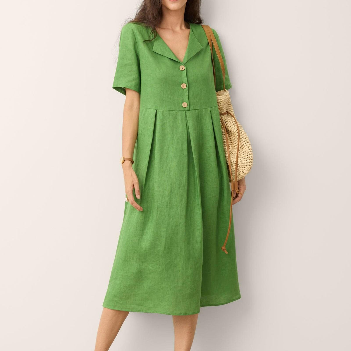 100% Linen Split Neck Button Detail Midi Dress SERAPHINE