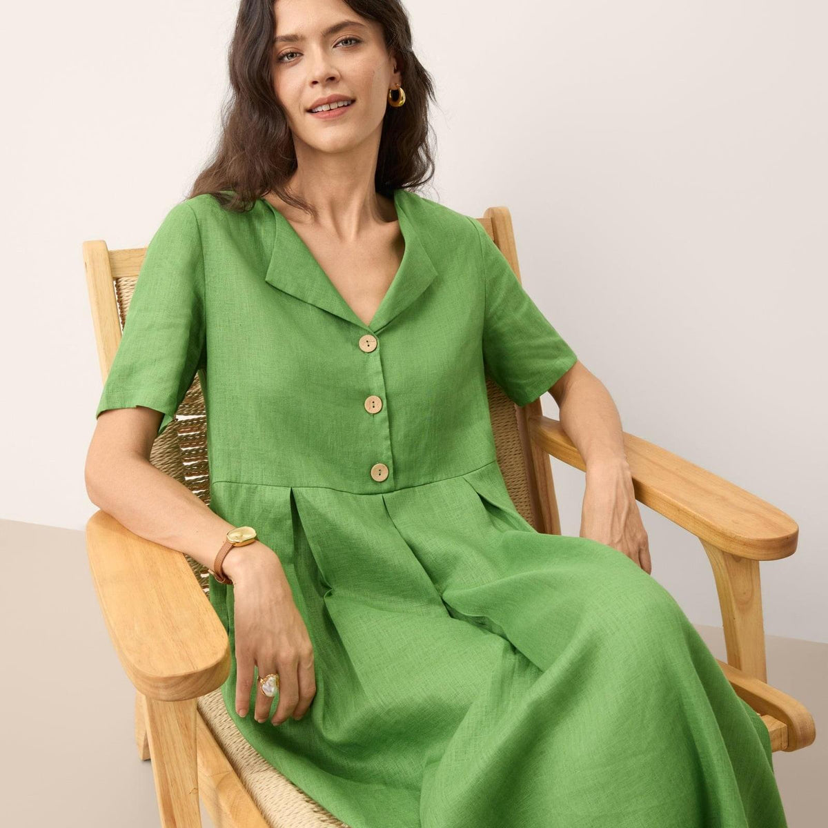 100% Linen Split Neck Button Detail Midi Dress SERAPHINE