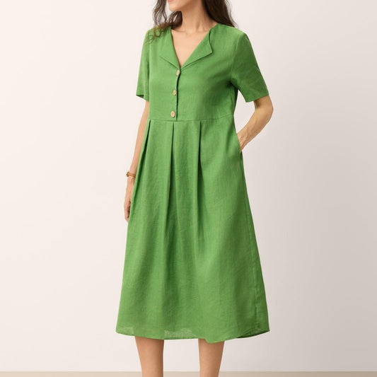 100% Linen Split Neck Button Detail Midi Dress SERAPHINE