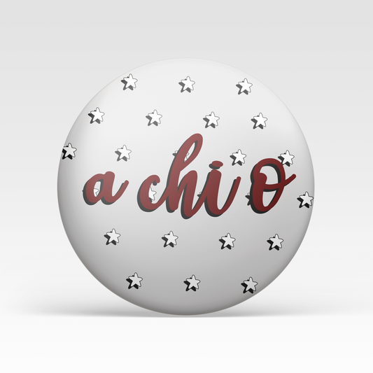a white circle with red text and stars on it