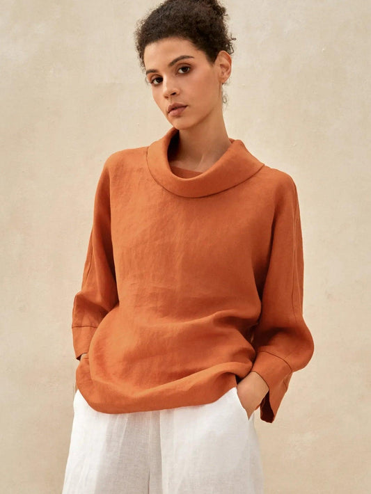 Linen-Cotton Dropped Collar Long-Sleeve Top TRISTAN