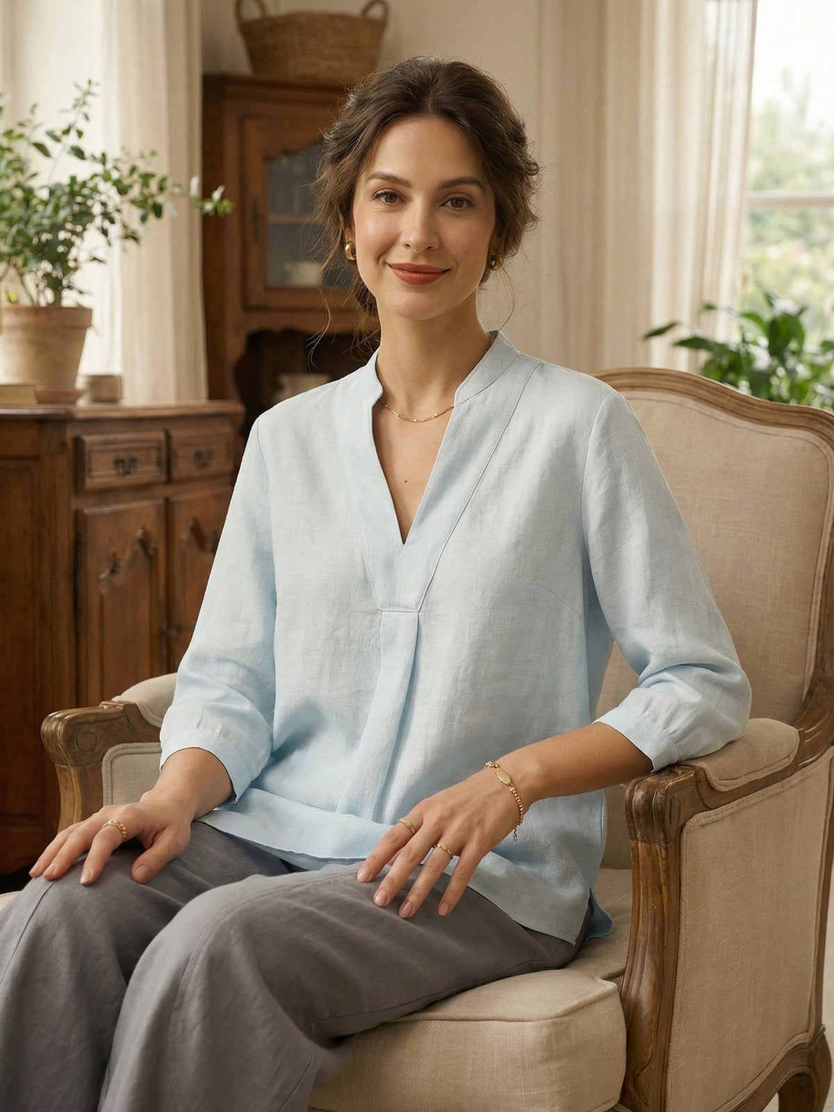 a woman sitting in a chair