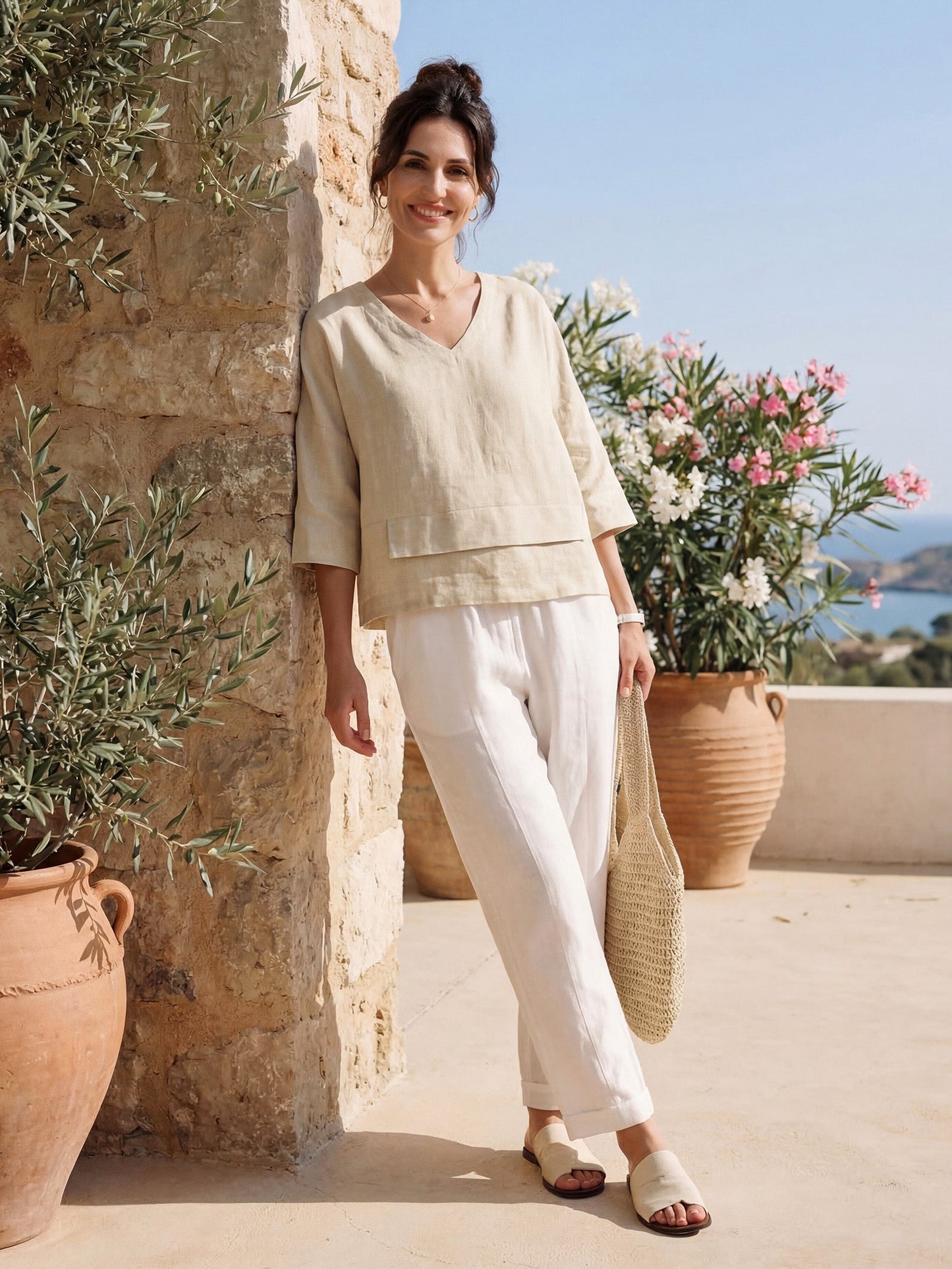 100% Linen Drop Shoulder Asymmetric Layered Hem Overtop VIOLA