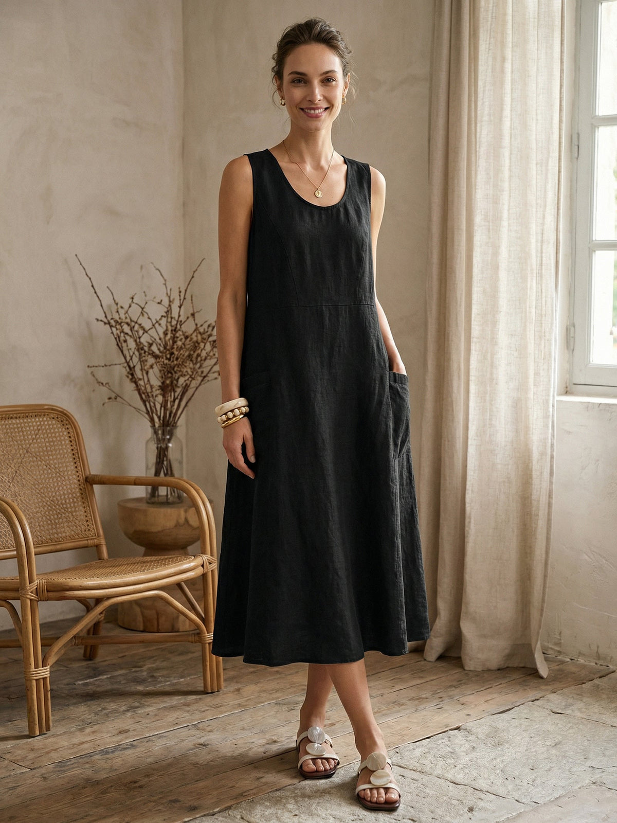 a woman in a black dress