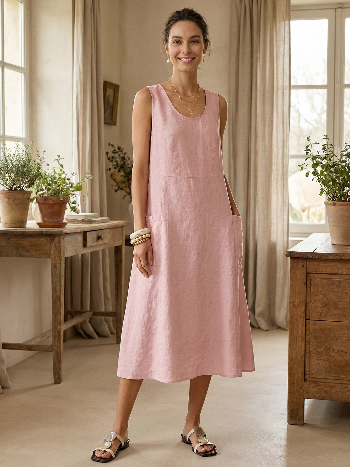 a woman in a pink dress