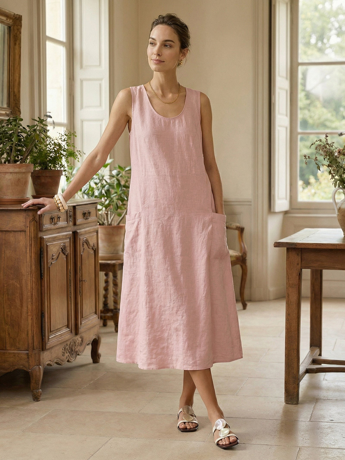 a woman in a pink dress
