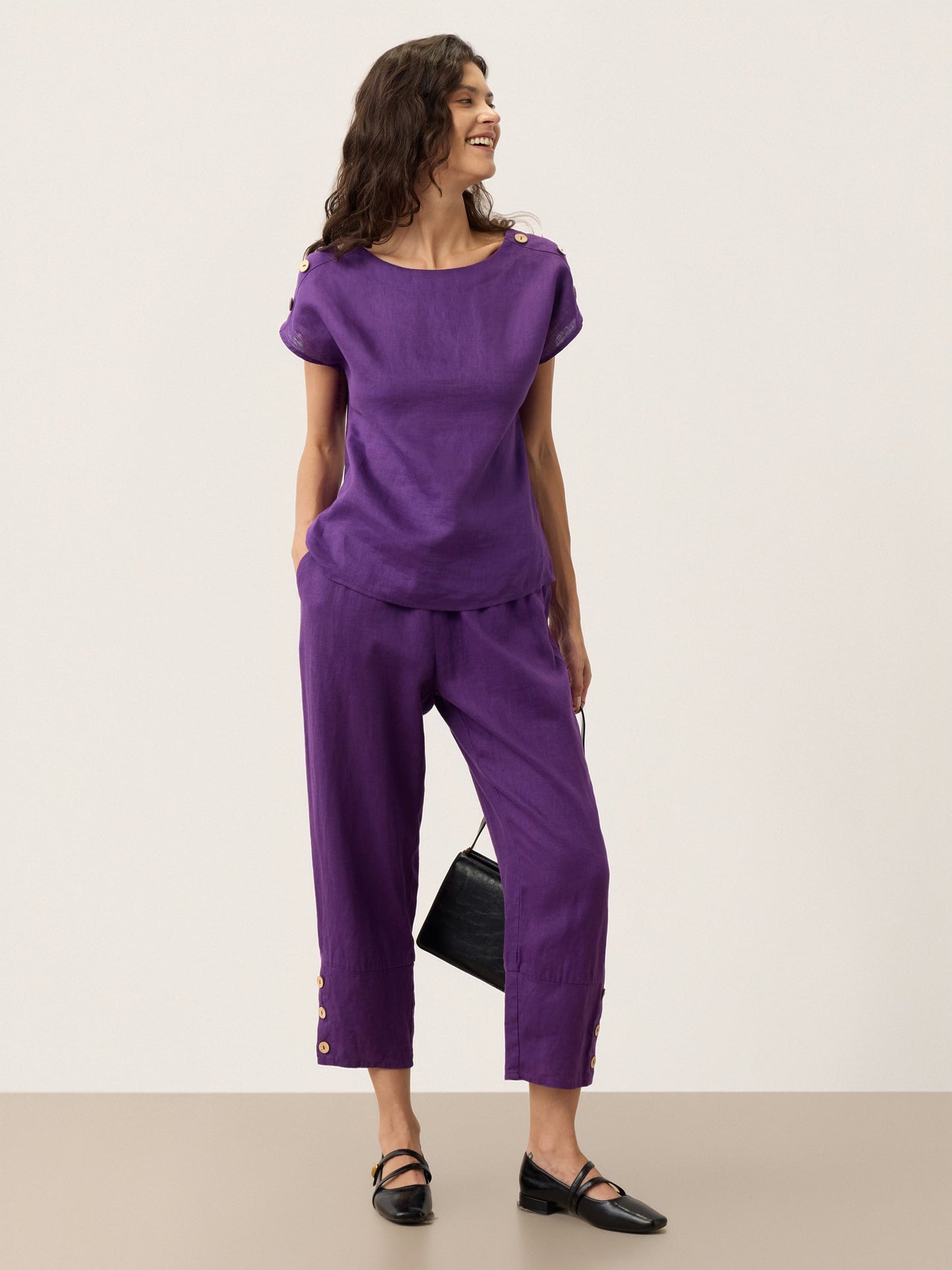 100% Linen Artisan Button Tapered Pants KATHERINE