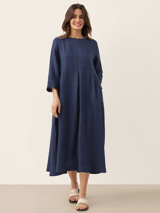 100% Linen Bateau Neck Pleated Midi Dress