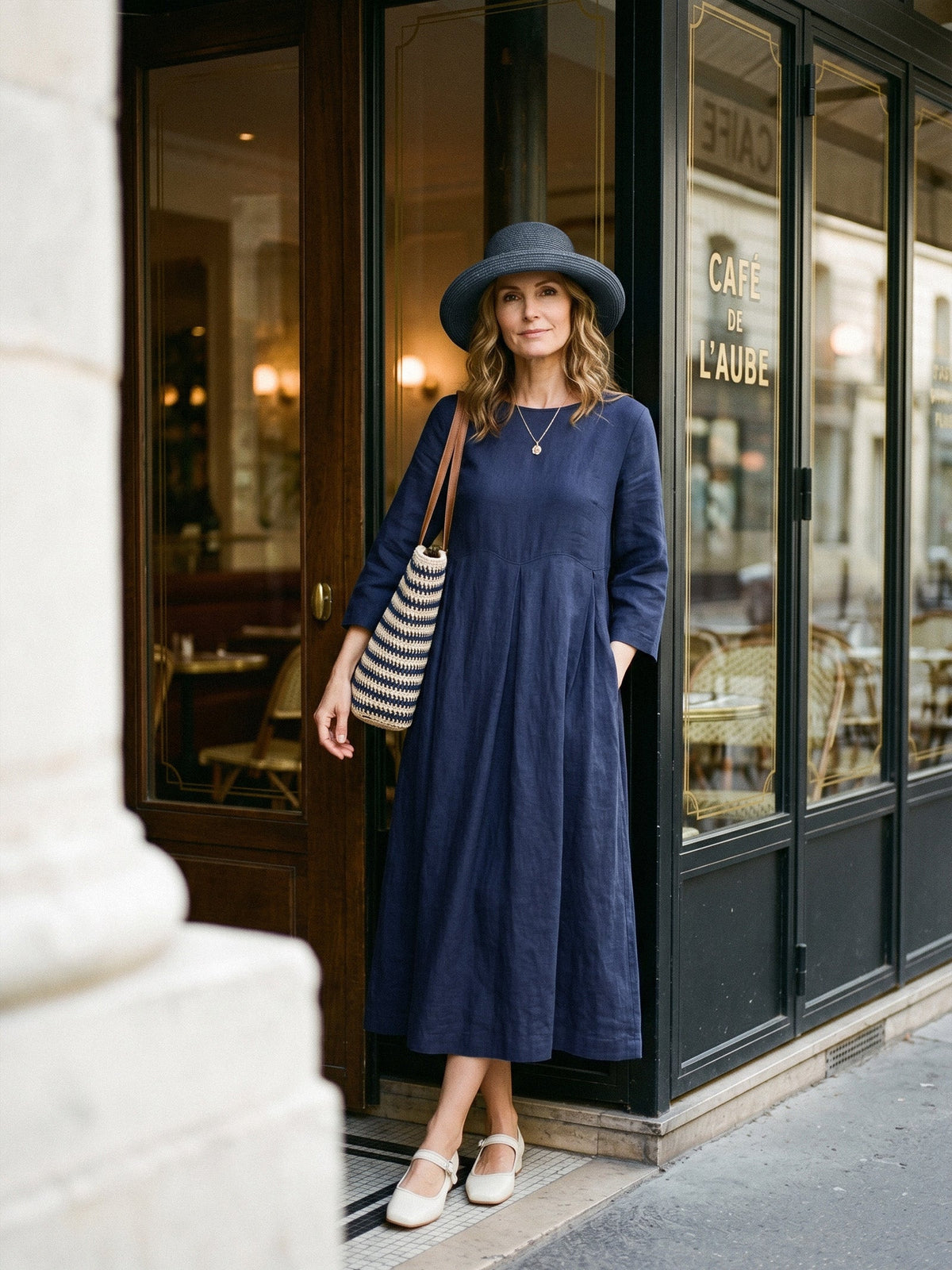 a woman in a blue dress and hat standing in front of a building