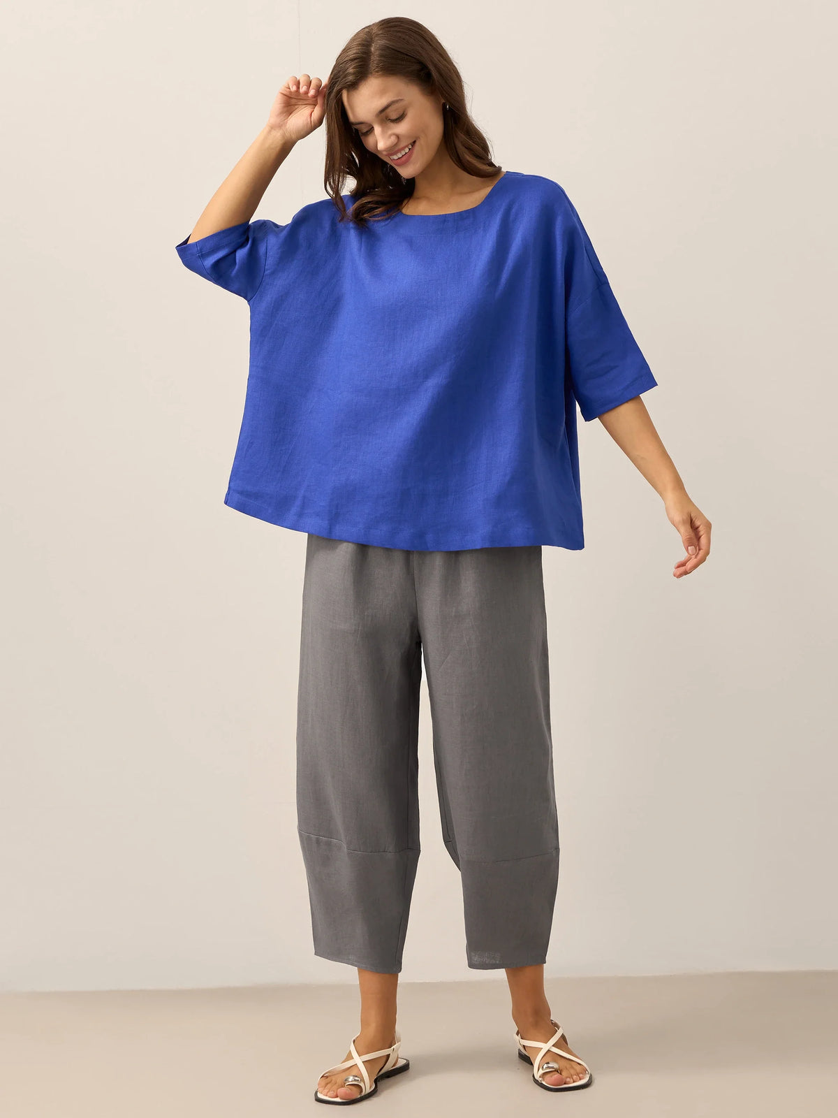 a woman in a blue shirt