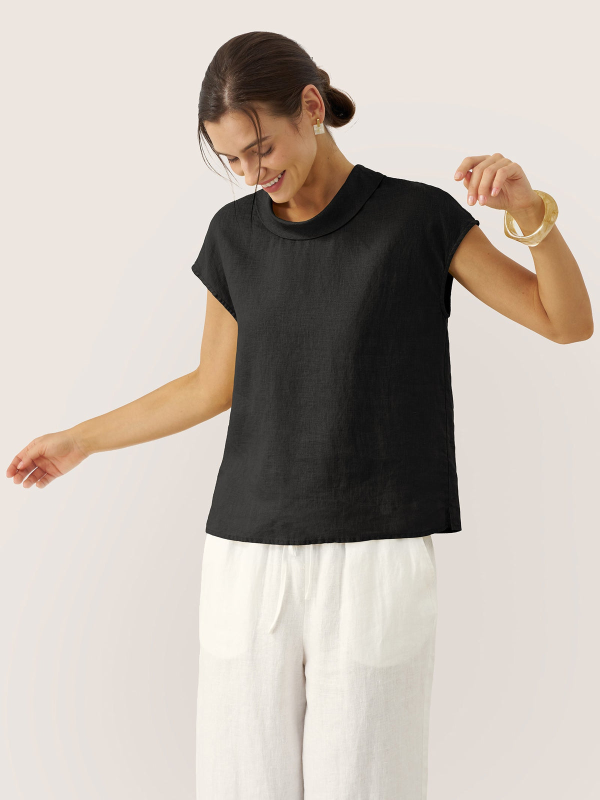 a woman in a black shirt