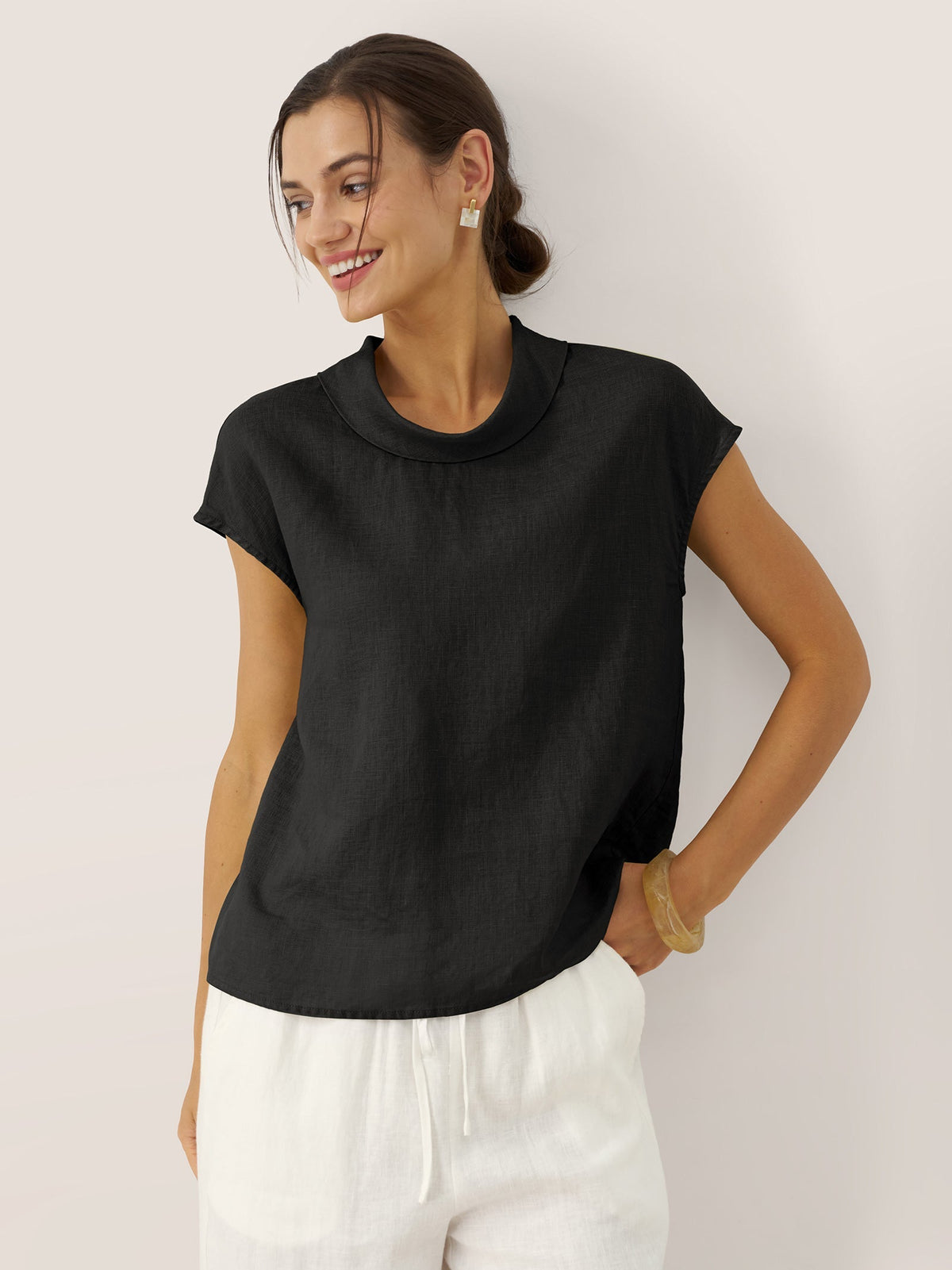 a woman in a black shirt