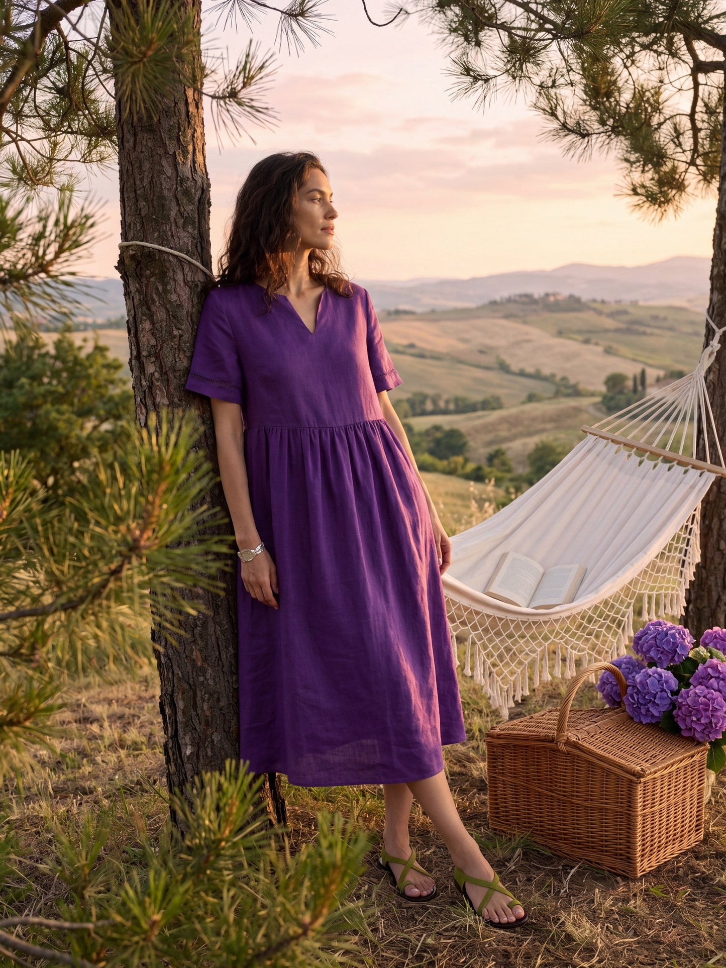 100% Linen Embroidered Cuff Split Neck Midi Dress OCTAVIA