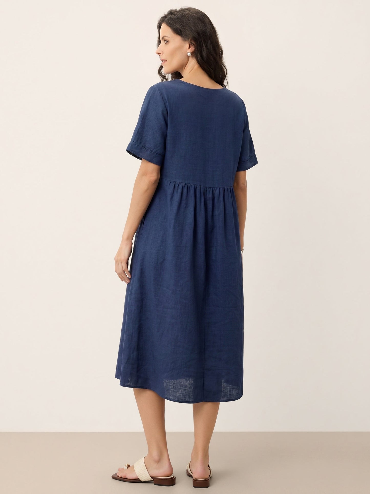 100% Linen Embroidered Cuff Split Neck Midi Dress OCTAVIA