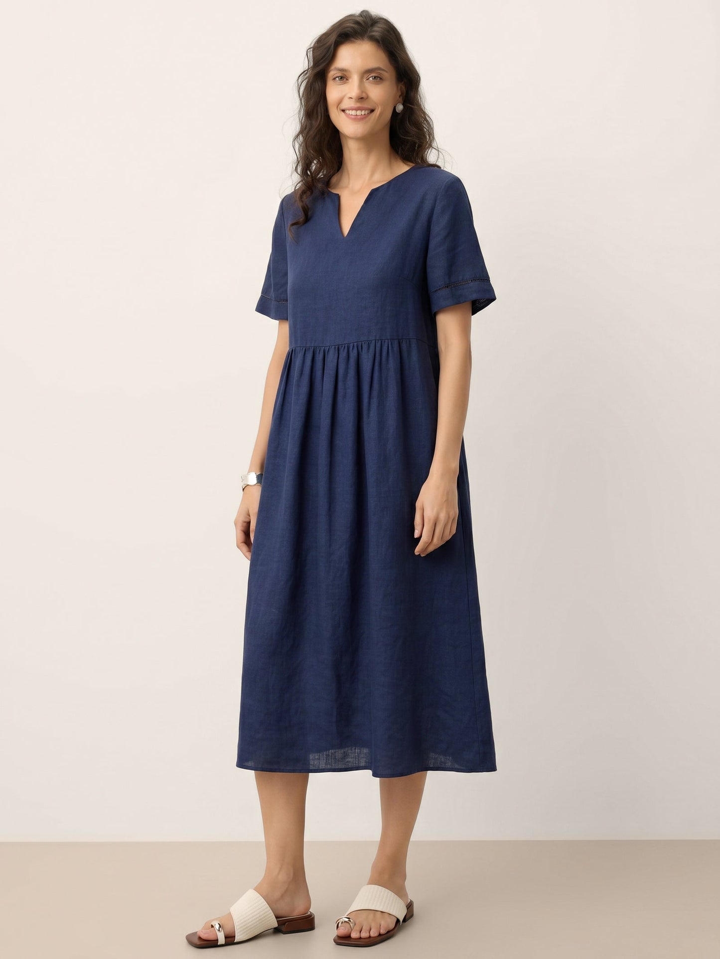 100% Linen Embroidered Cuff Split Neck Midi Dress OCTAVIA